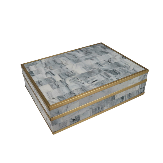 Bone Gray Marble and Brass Inlay Decorative Box