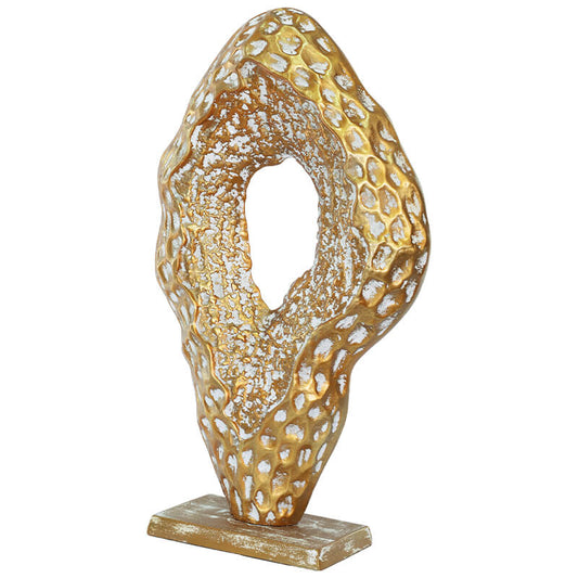 Golden Abstract Coral Sculpture – Textured Metal Art on Stand