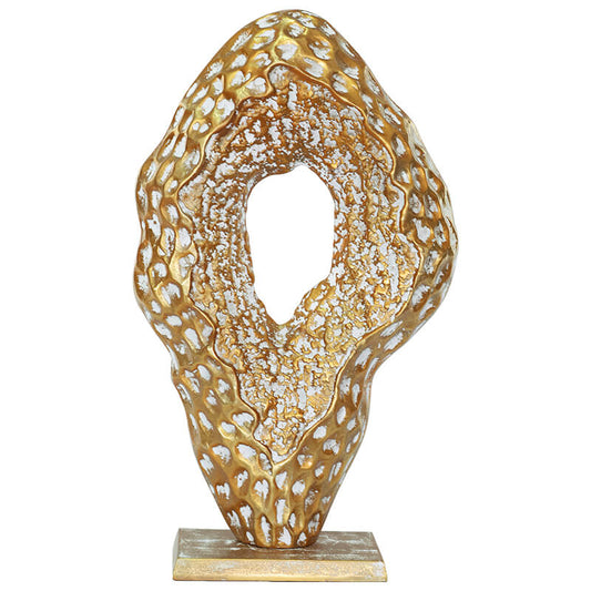 Golden Abstract Coral Sculpture – Textured Metal Art on Stand